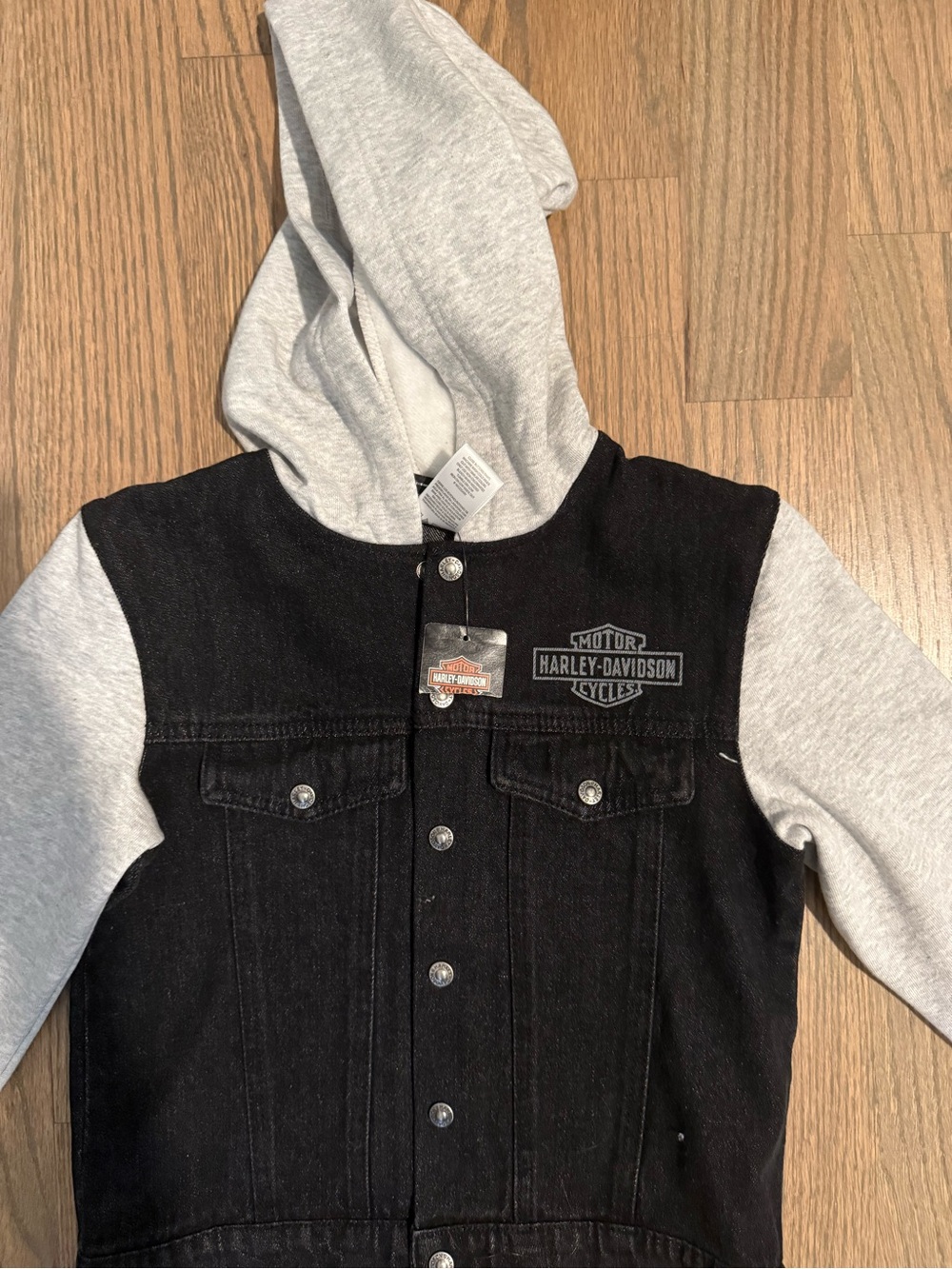 Harley-Davidson Kids Black Denim Jacket with Light Gray Hood & Sleeves